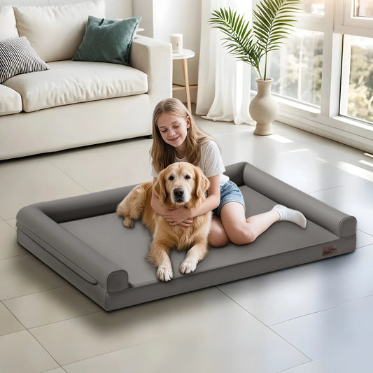 Orthopedic Microfiber Leather Dog Bed with Supportive Bolsters & Foam Base